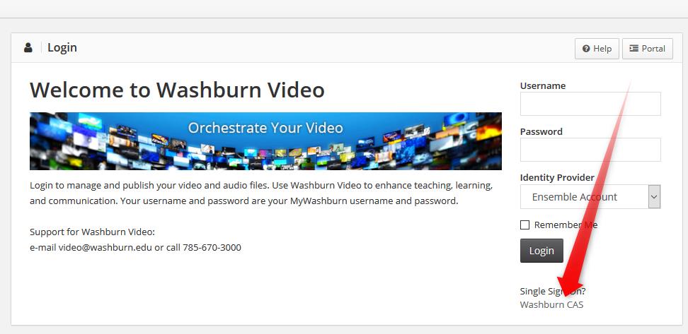 Washburn Video login page with CAS login indicated