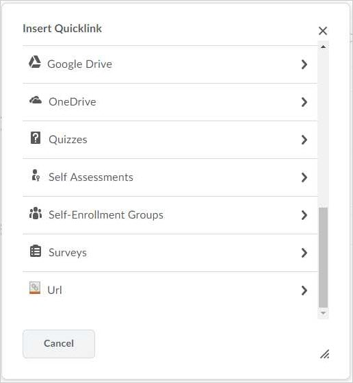 The Self-Enrollment Groups option, as shown in the Insert Quicklink pop-up window