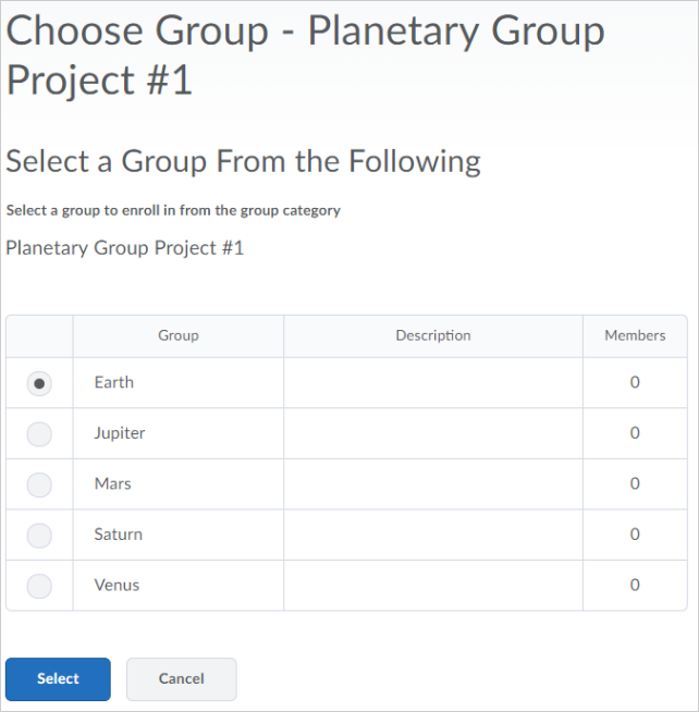 The new Group Selection screen, from the Group Enrollment option in the Insert Quicklink pop-up window
