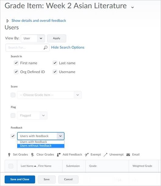 Options to sort the Feedback column in the Gradebook