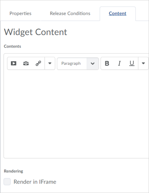 The ‘Render in IFrame’ option as it appears in the Widget Content window.