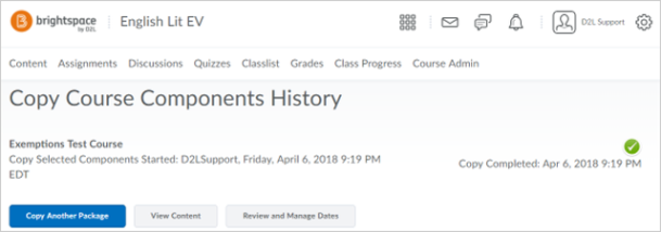 Copy Course Components History page with the Review and Manage Dates button