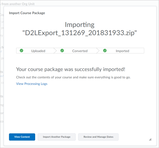 Import Course Package page with the Review and Manage Dates button