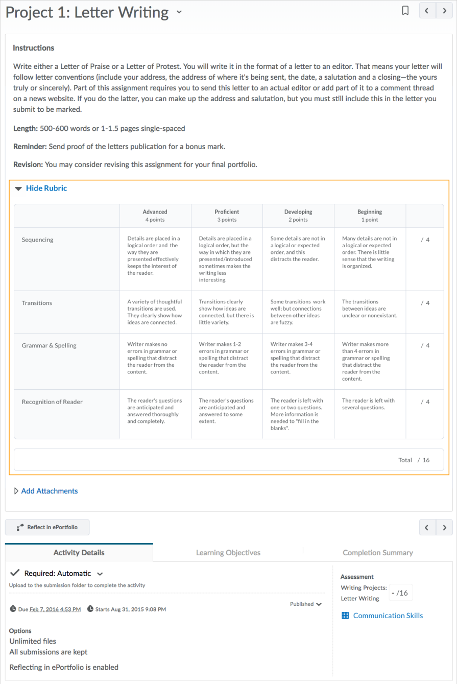 Analytic rubric in the new Rubric definition interface