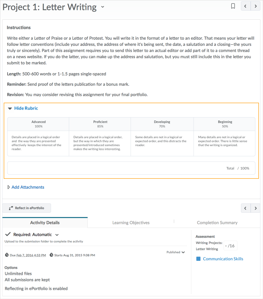 Holistic rubric in the new Rubric definition interface