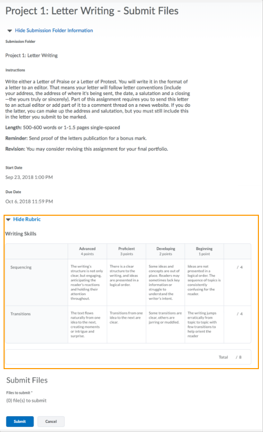 Rubric preview embedded in the Assignment tool