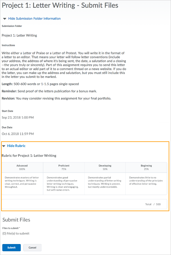 Holistic rubric in the new Rubric definition interface