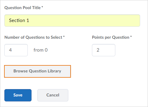 Enter a title, number of questions to select, and points per question