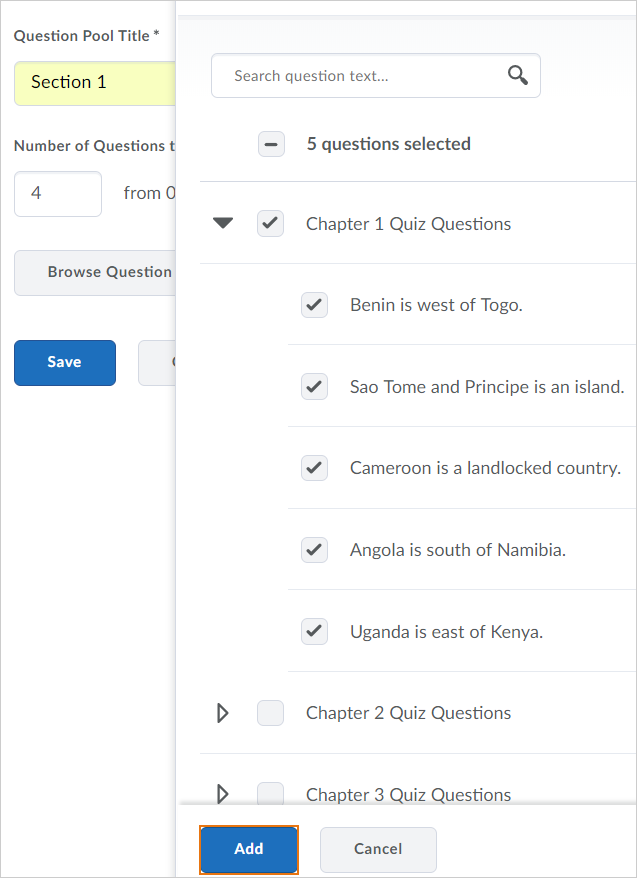 Select questions from the Question Library and add them to the quiz