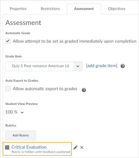 Rubric visibility in a quiz