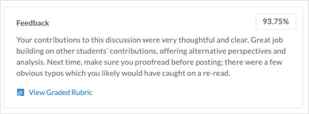 A discussion showing instructor feedback, score, and link to the graded rubric