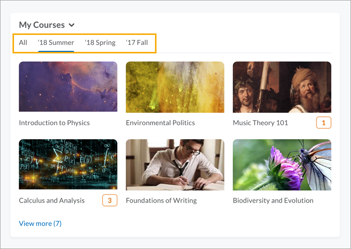 Tabs in the My Courses widget group courses by Semester Name (sample semester names are shown, Washburn semester names are different)
