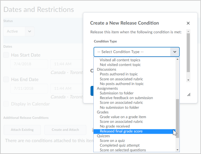 Set the Release final grade score release condition in the Create a New Release Condition workflow