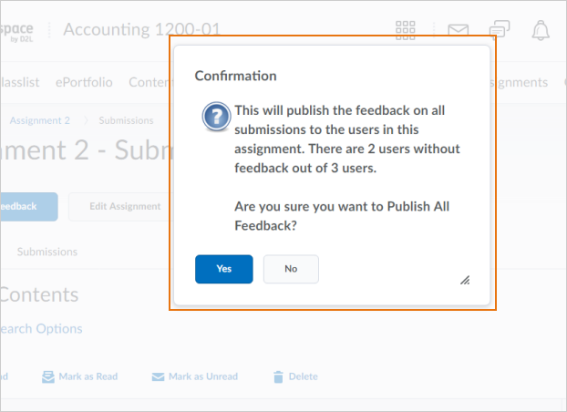 The Publish All Feedback button confirmation dialog box indicating outstanding anonymous users that still require feedback