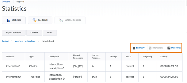The Summary, Interactions, and Objectives buttons as they appear on the SCORM report page