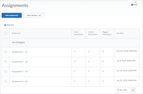 Existing Assignments list view for instructors