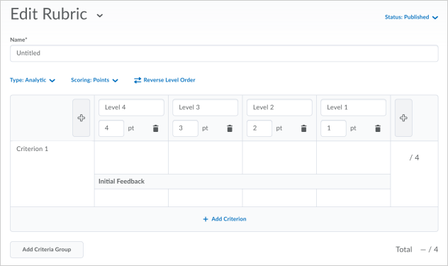 The new rubric creation experience in the single page format.