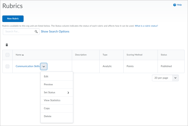 The new Edit Rubric Tool option, replacing Properties and Levels and Criteria.