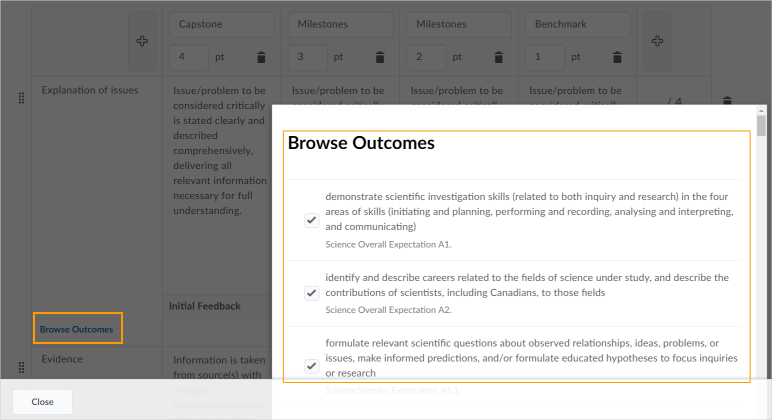 Adding learning outcomes to rubric criteria in the new rubric creation experience