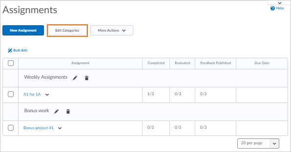 Select Edit Categories from the Assignments page