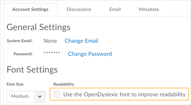 The OpenDyslexic font setting in Account Settings