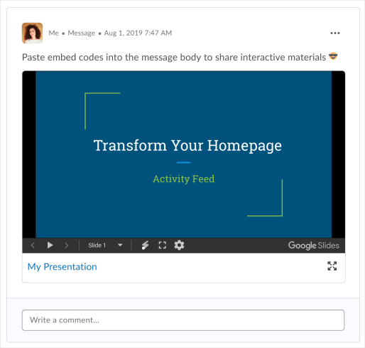 An Activity Feed post with an embed code attachment