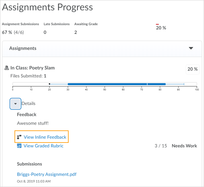 Class Progress view for instructors and learners displaying the View Inline Feedback link, which now opens directly in the annotation view