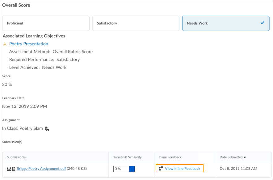 Assignments view for learners displaying the View Inline Feedback link, which now opens directly in the annotation view