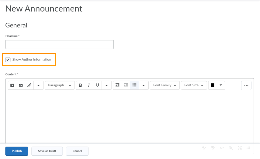 The new Show Author Information option on the New/Edit Announcement page
