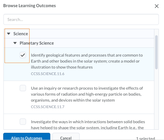 The expanded hierarchy of the Learning Outcomes picker (also appears on the Outcomes Progress page). The number of hierarchy levels displayed will depend on the outcome structure included in the course intent list.