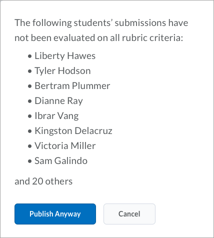 When attempting to bulk publish incomplete rubrics, the confirmation message lists the names of learners whose rubric evaluations are not complete.