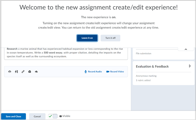 The new assignment create/edit page with the opt-in/opt-out pull down menu
