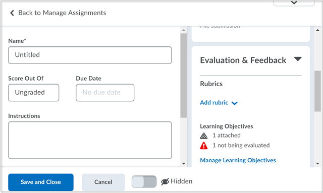 The create and edit Assignments page with the Manage Learning Objectives functionality and warning