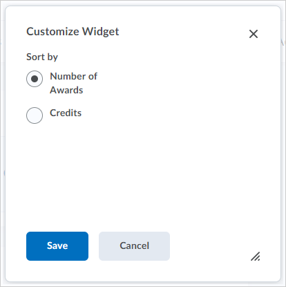 The Customize Widget screen determines the sorting order of learners that appear in the Awards Leaderboard widget