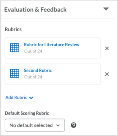 List of available rubrics and the option to select the rubric to be used by default when scoring