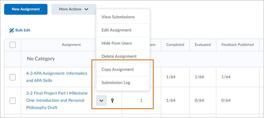 The Copy Assignment option appears in the drop-down menu for existing assignments