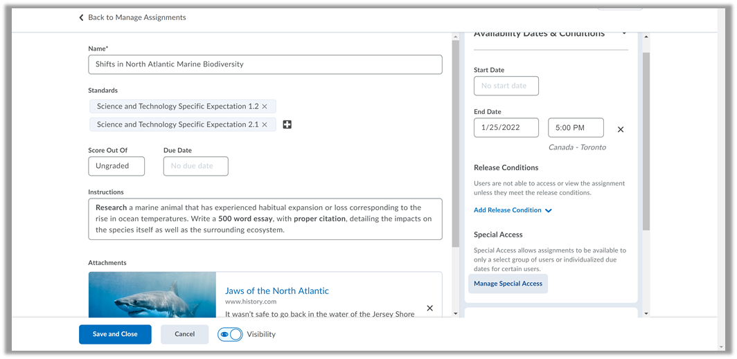 The new assignment creation experience with the Special Access functionality