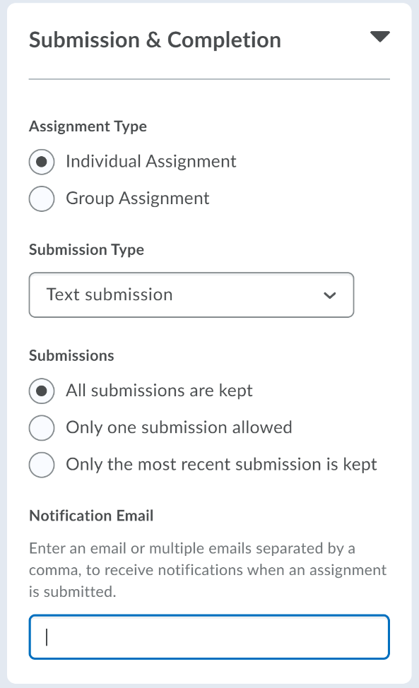 The new assignment creation experience with the Notification Email functionality