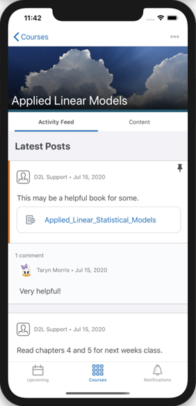 An Activity Feed post and comment for a course in Brightspace Pulse for iOS