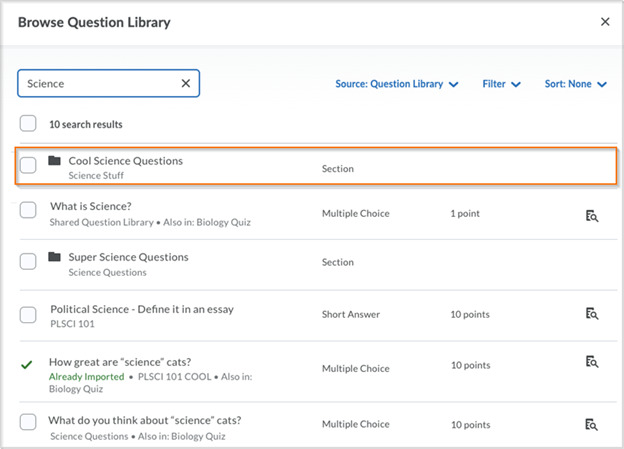 The updated search and select capability in Question Library 