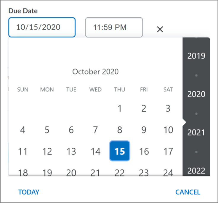 Old date picker component on the Create and Edit Assignments page