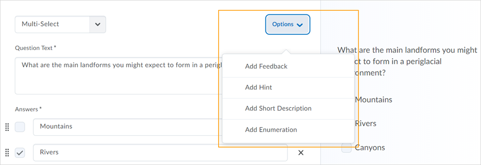 Feedback, Hint, Short Description, and Enumeration options in the new multi-select question experience