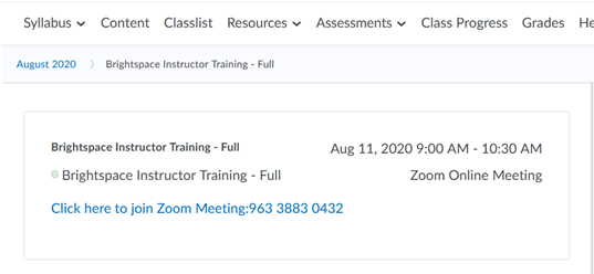 D2L Calendar Event showing Zoom link