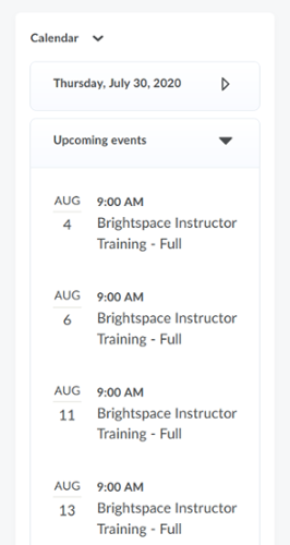 D2L Calendar homepage widget showing Zoom meetings