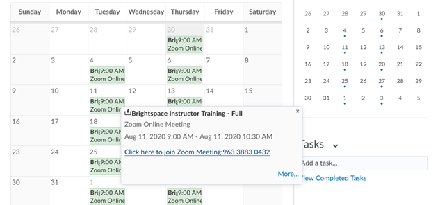 D2L Calendar showing Zoom meeting selected