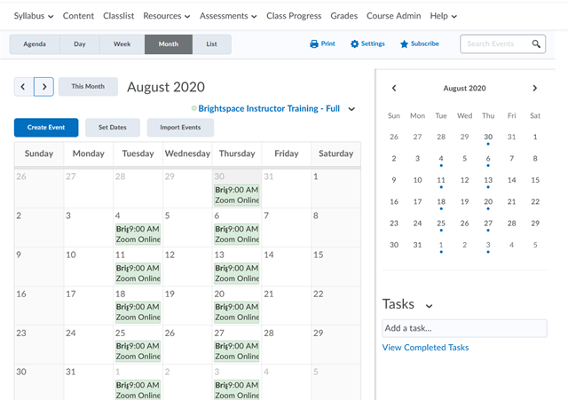 D2L Calendar showing Zoom-scheduled meetings