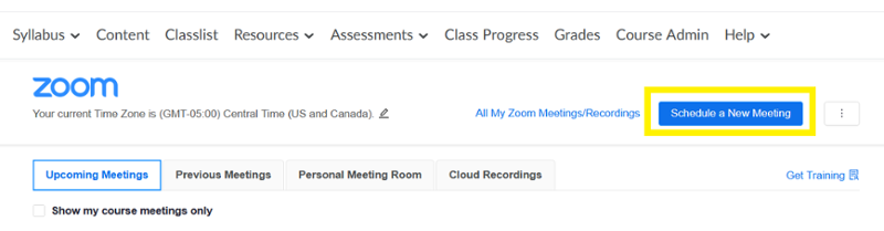 Zoom scheduling interface in D2L course frame