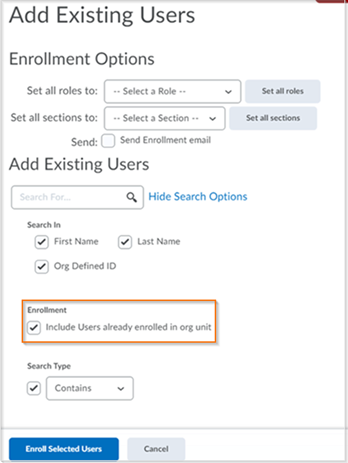 The Add Existing Users page with the new Enrollment search filter