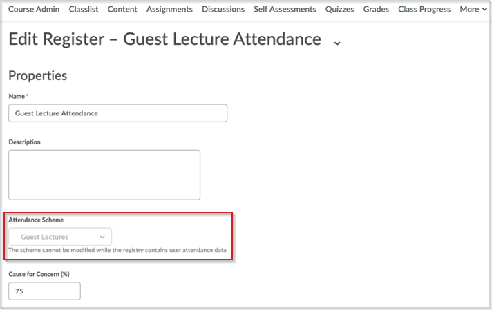 The Edit Register page with the Attendance Scheme greyed out