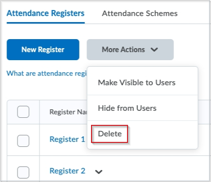 The Attendance Registers page with the More Actions drop-down menu > Delete functionality